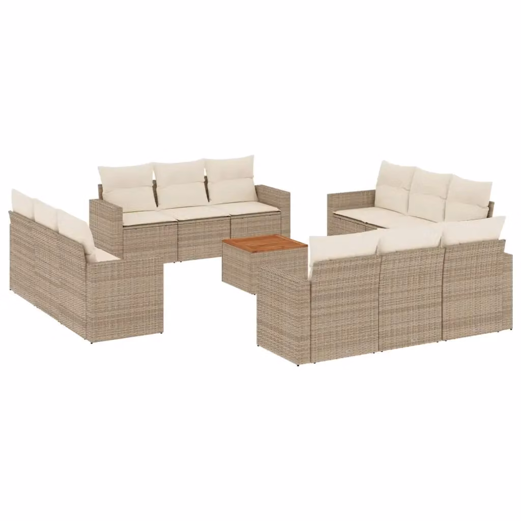 vidaXL Set Divano da Giardino 13 pz a forma a U con Cuscini Beige e Tavolino in Polyrattan e Legno di Acacia – 2