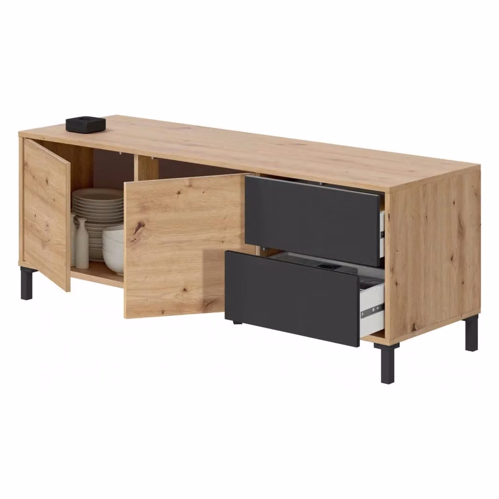 Credenza Anora DMORA, Madia moderna a 2 ante in Rovere e Antracite, L: 130 cm, P: 41 cm, H: 47 cm – 2