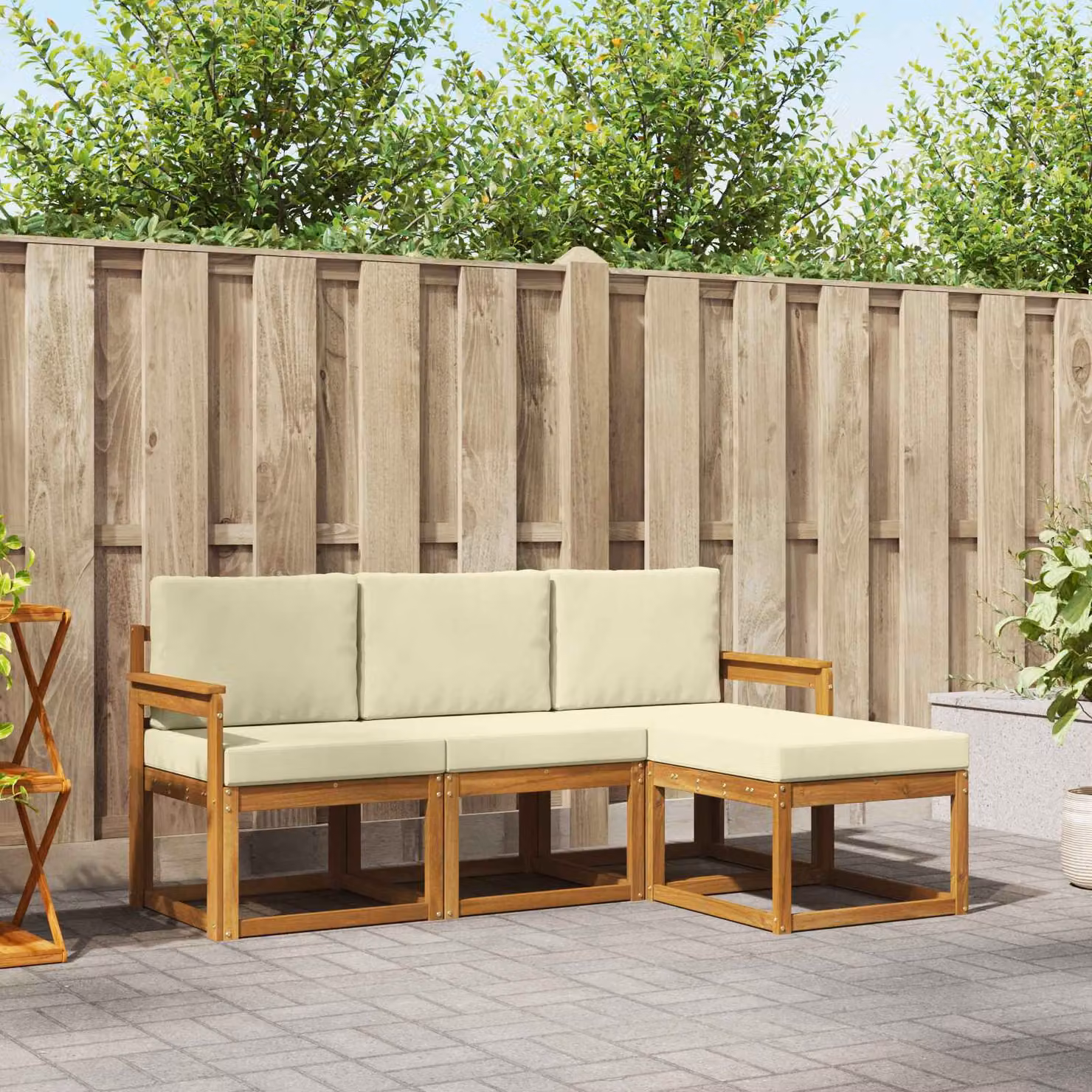 Set di divani da esterno vidaXL a forma di L in legno di acacia con pouf e cuscini, Colore Naturale, Beige e Marrone