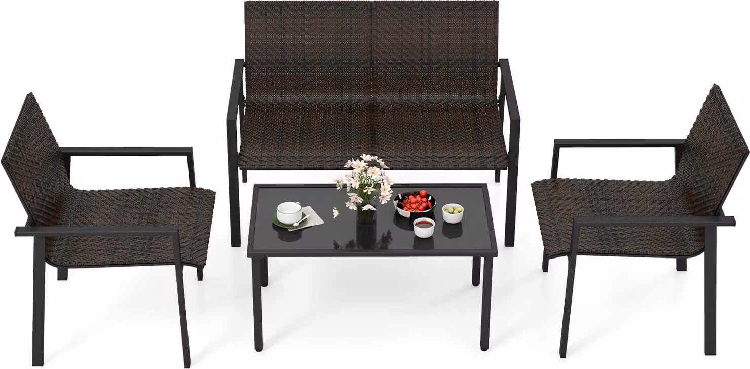 COSTWAY Set di mobili da giardino in polyrattan 4 pezzi, set di sedute per 4 persone, set di sedute incl. 2 sedie, panca e tavolo, set da giardino marrone