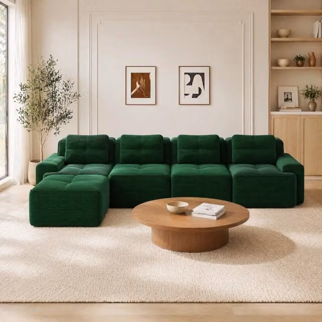 Divano modulare angolare 4 posti 382x177 cm in velluto a coste; verde