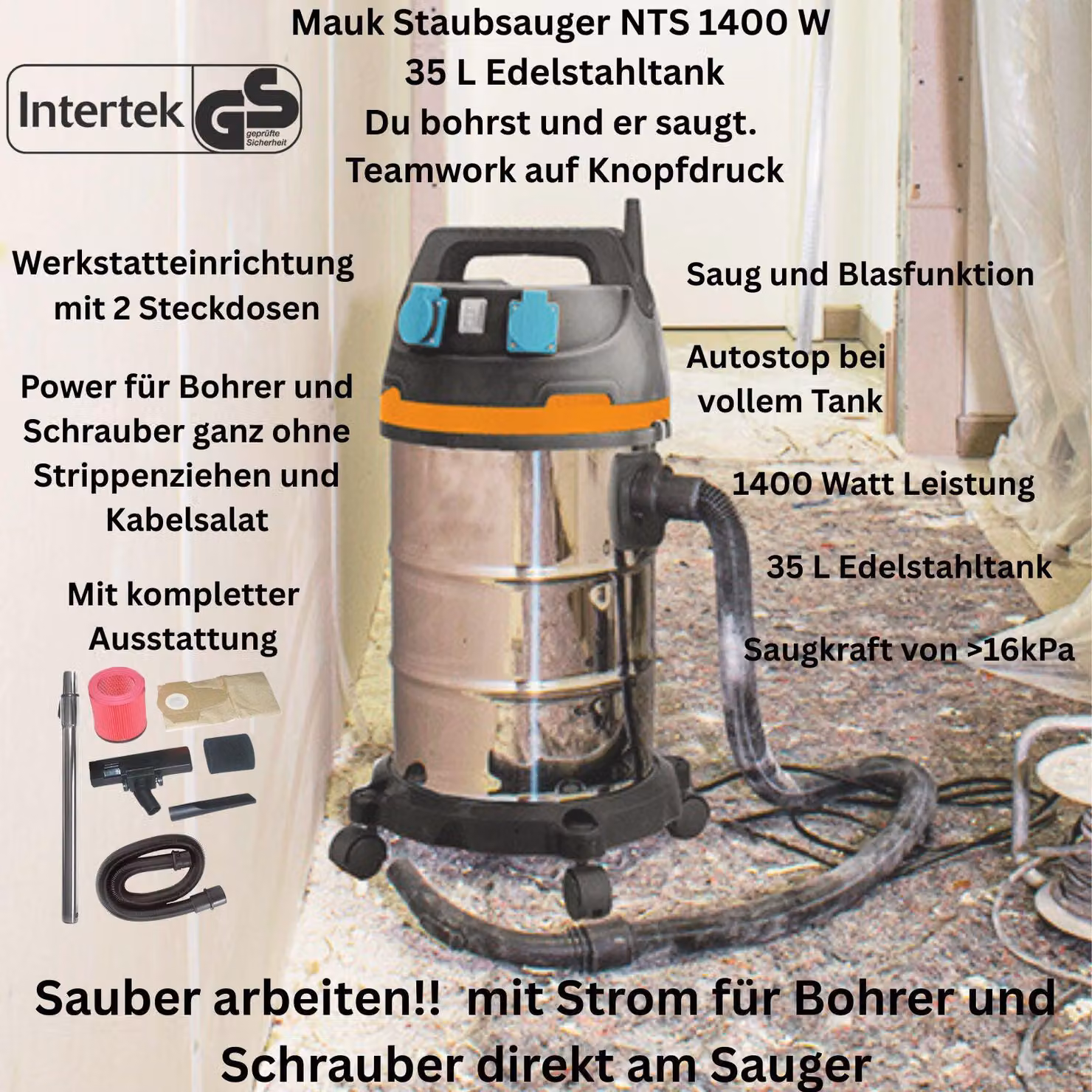 Mauk hoover 1400W Aspirapolvere a secco umido 35L - Due prese, accensione automatica