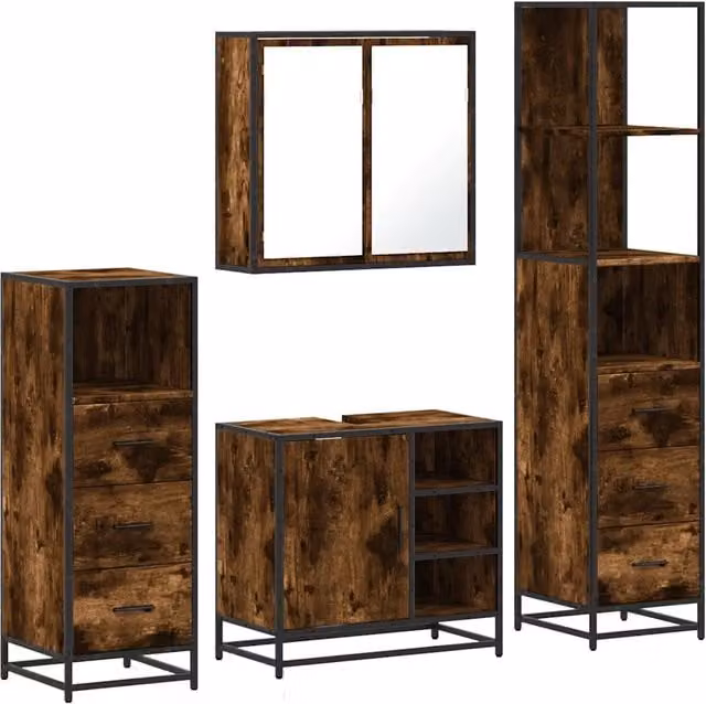 Set Mobili da Bagno | Armadio da bagno 4 pz Rovere Fumo in Legno Multistrato