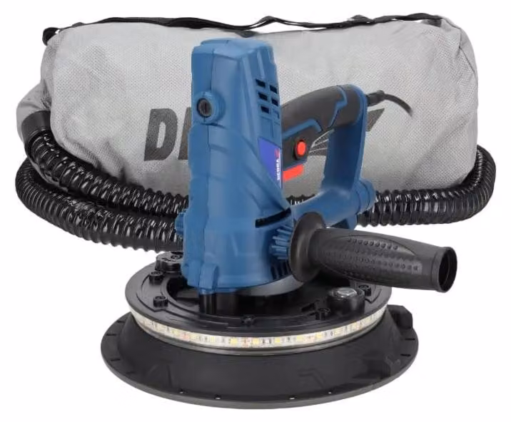 Levigatrice per gesso compatta da 850 W DEDRA DED7770, con illuminazione a LED, diametro 225 mm, disco abrasivo, illuminazione a LED, regolazione della velocità e dell'aspirazione, funzionamento con aspirapolvere, sistema di aspirazione integrato