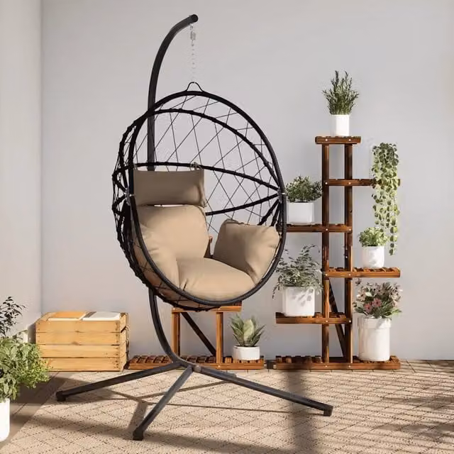 Sedia a Uovo Sospesa con Supporto vidaXL in Polyrattan e Accio Verniciato, Colore Antracite, Beige e Nero, con Cuscini Inclusi – 1