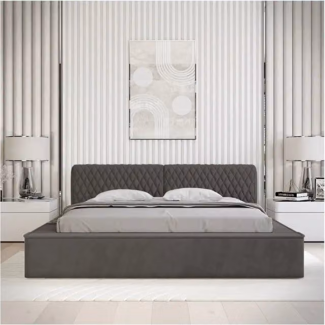 Letto contenitore VERNON Meublorama in tessuto bouclé color antracite, L/P/H: 180 x 200 cm con rete sollevabile – 1