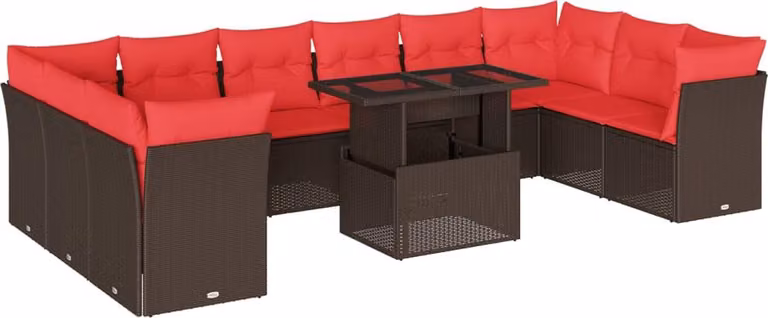 Set Divani da Giardino 11 pz con Cuscini Marrone in Polyrattan