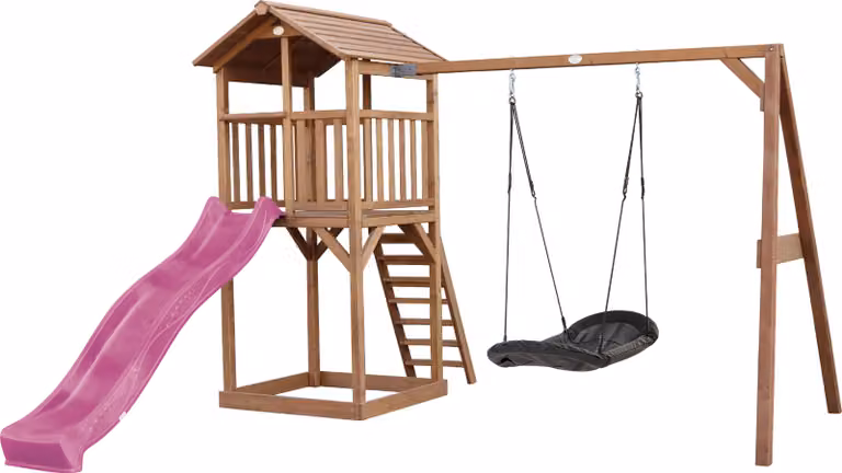 AXI Beach Tower parco giochi in legno in marrone | Torre di gioco per bambini con sabbiera, altalena a nido e scivolo viola| Casa per bambini su palafitte per il giardino