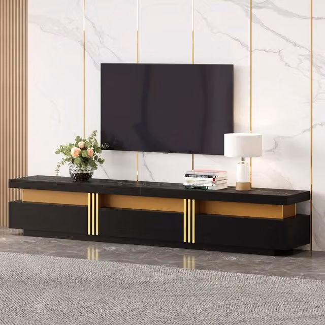 Mobile TV Mivray con tre cassetti e piano effetto marmo nero, adatto per TV fino a 90 pollici, L 200 x P 40 x H 42 cm – 1