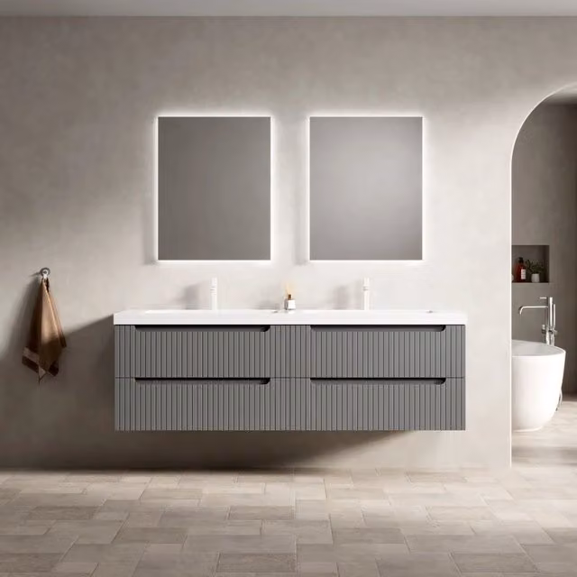 Mobile lavabo sospeso 160 cm con 2 lavabi integrati in pietra sintetica ispessita, mobile in compensato striato con 4 cassetti, preassemblato, grigio scuro