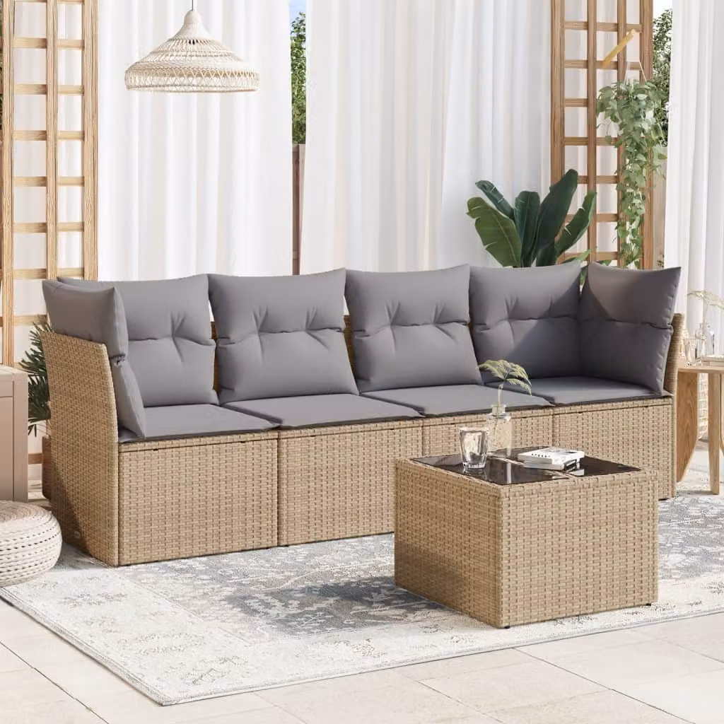 vidaXL Set Divano da Giardino 5 pz in Polyrattan con Cuscini Beige e Tavolino, Design Moderno a L con Struttura in Metallo e Tessuto Resistente ai Raggi UV