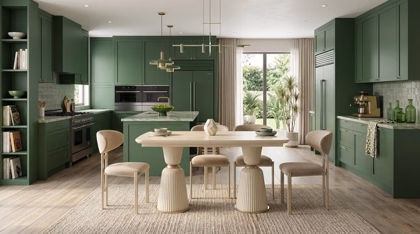 Set per sala da pranzo: tavolo da pranzo, 4 sedie, estendibile, design moderno, colore beige, confortevole