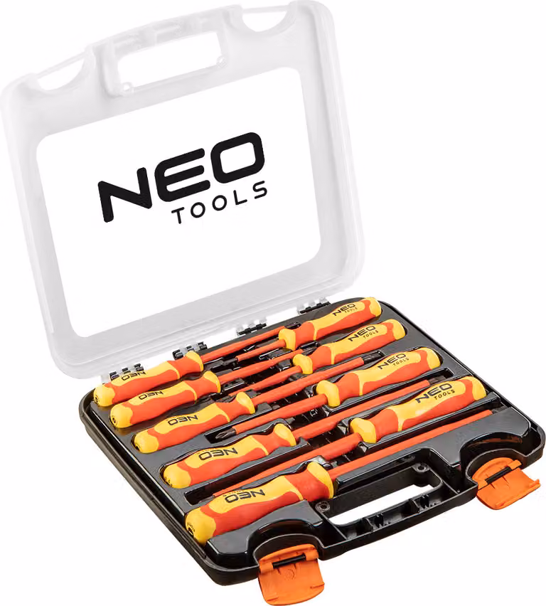 Set di cacciaviti NEO TOOLS 1000 V, 9 pezzi, impugnatura bicomponente, cacciavite in acciaio S2, resistenza alla flessione di 56 HRC,