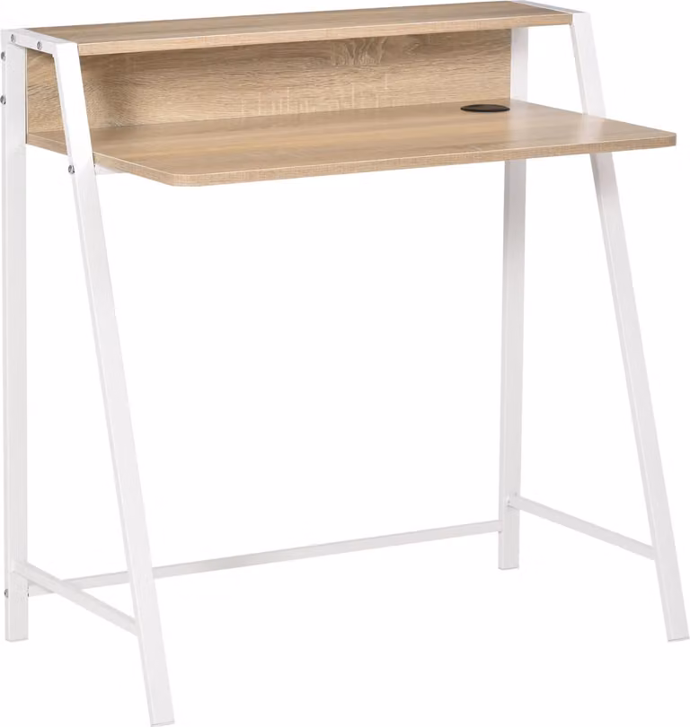 Fortuna Lai Scrivania Scrivania moderna per computer con vano portaoggetti e passaggio cavi Struttura in metallo Rovere bianco 84x45x85 cm per ufficio domestico e studio