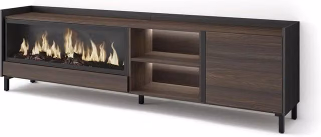 Mobile TV Soggiorno, 212x61x35 cm, Per TV fino a 80", Camino elettrico XXL, Design industriale, LED, Rovere scuro e Nero