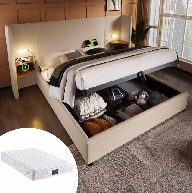 Letto matrimoniale contenitore MODFU beige con testiera multifunzione, porta USB, luce da lettura e mensola integrata, L/P: 160 x 200 cm – 1