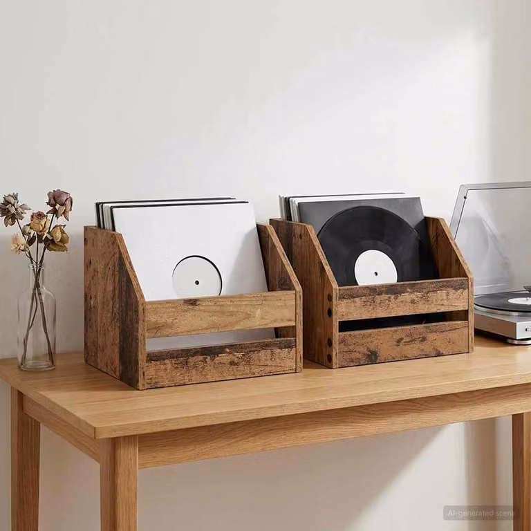 Set di 2 scatole per album in vinile vidaXL in legno antico, colore marrone, L: 38 cm, P: 30 cm, H: 29 cm