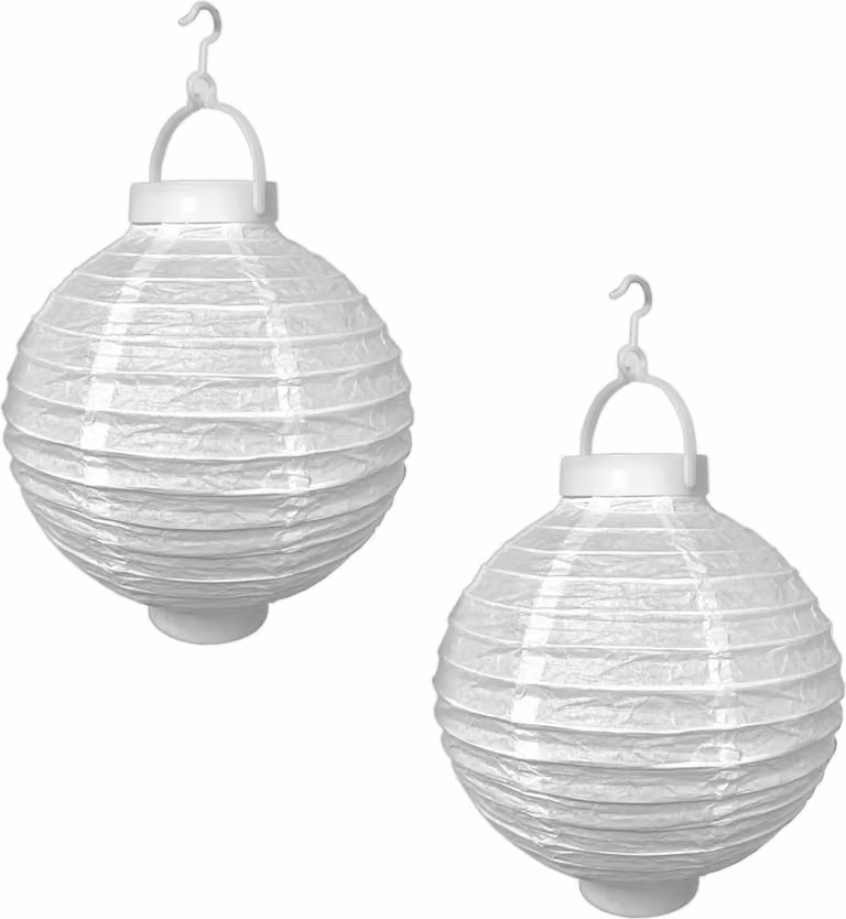 Set di 2 lanterne LED, ideali per feste e giardini, diametro 20 cm, colore bianco. Include paralumi decorativi a forma di sfera