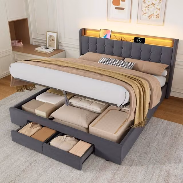 Desviae Letto imbottito matrimoniale 180 × 200 cm con contenitore, cassetti, USB e luci LED in velluto grigio scuro
