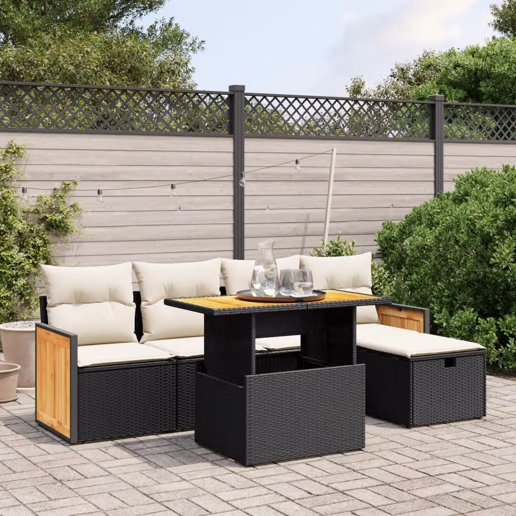 vidaXL Set Divano da Giardino a L 6 pz in Polyrattan Nero con Cuscini e Tavolino da Esterno – 1