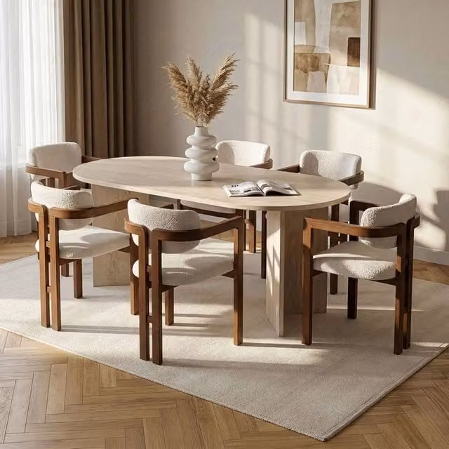 Set Tavolo e 6 Sedie DMORA Moderno con Piano Ovale in MDF Laminato, Colore Beige e Bianco – 1