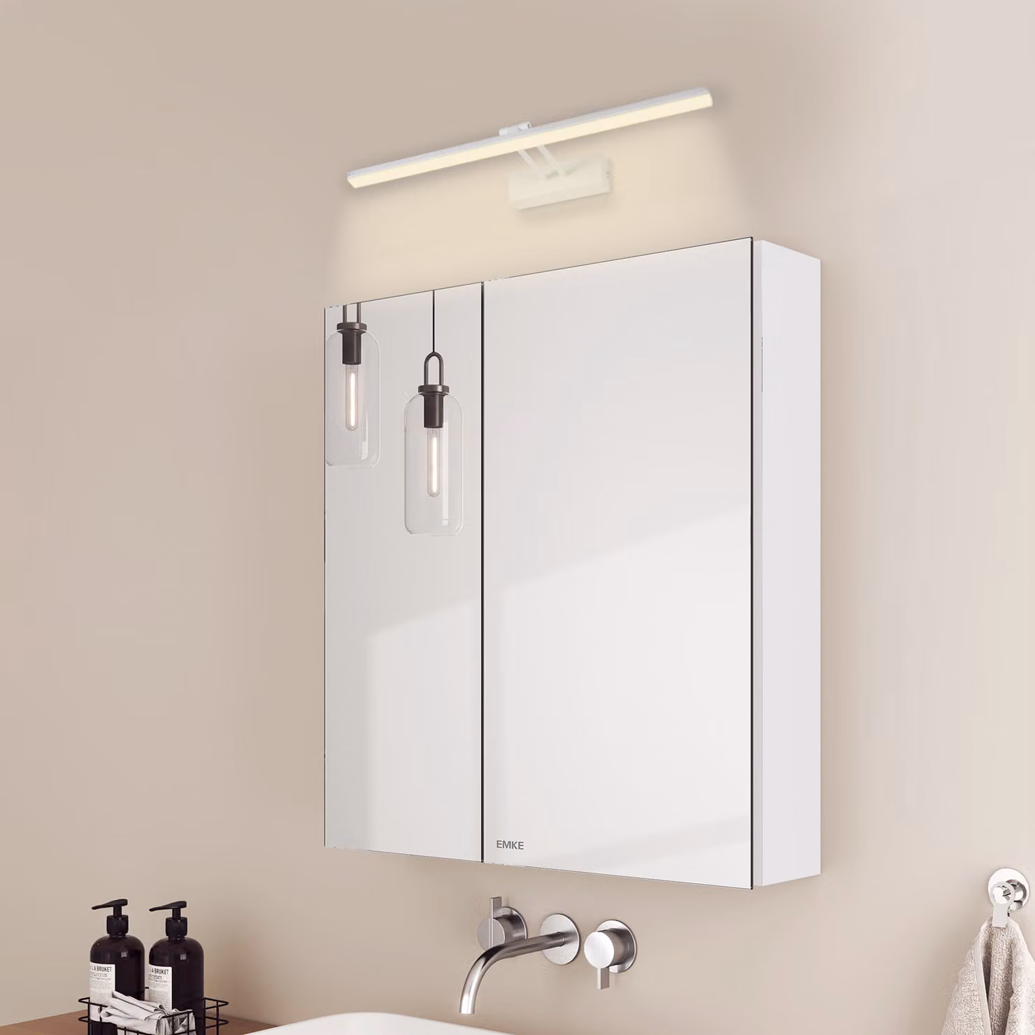 Armadietto a specchio e luci a specchio EMKE, 60x65x14,5 cm 2 ripiani in vetro Armadietto a specchio per bagno bianco e luci a parete bianche Luce neutra 4200k