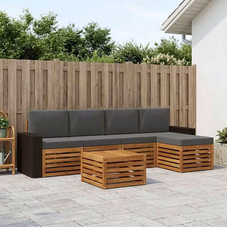 Set di divani da esterno vidaXL a forma di L in legno di acacia con pouf e tavolino, 6 pezzi, Beige e Antracite