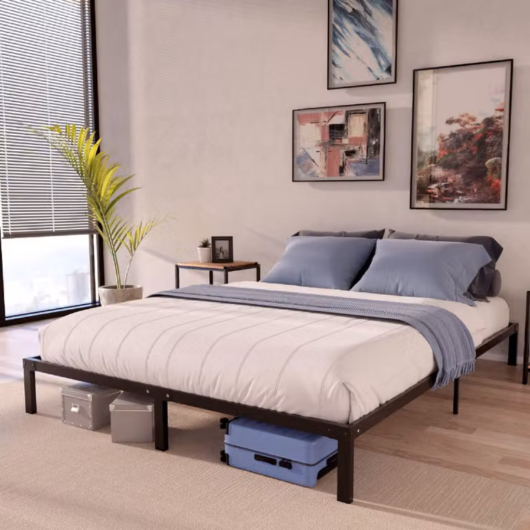 Letto a telaio 140x200 cm con rete a doghe, altezza 35 cm, in metallo, colore nero