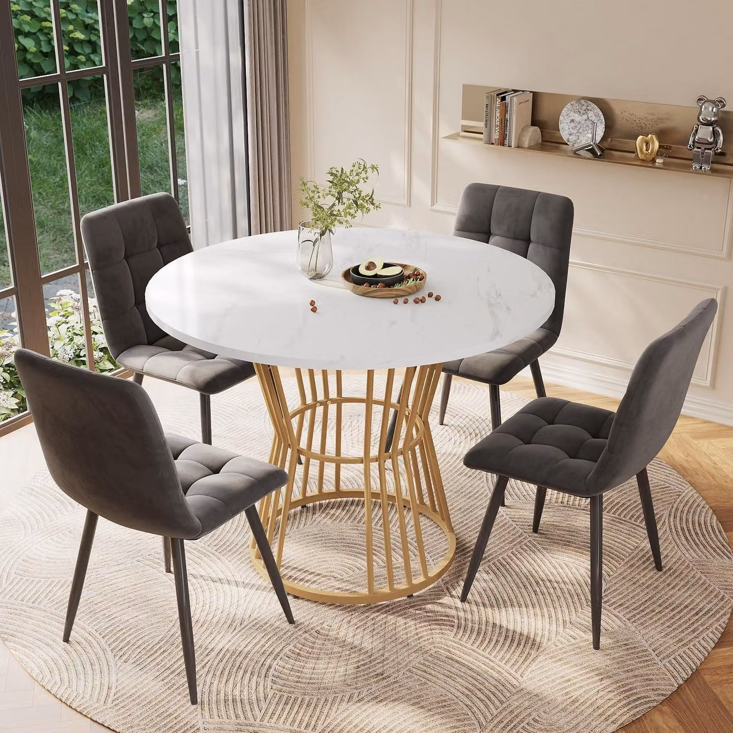 Set tavolo da pranzo 5 pezzi, dimensioni 100x75 cm, con 4 sedie, colore grigio e dettagli dorati