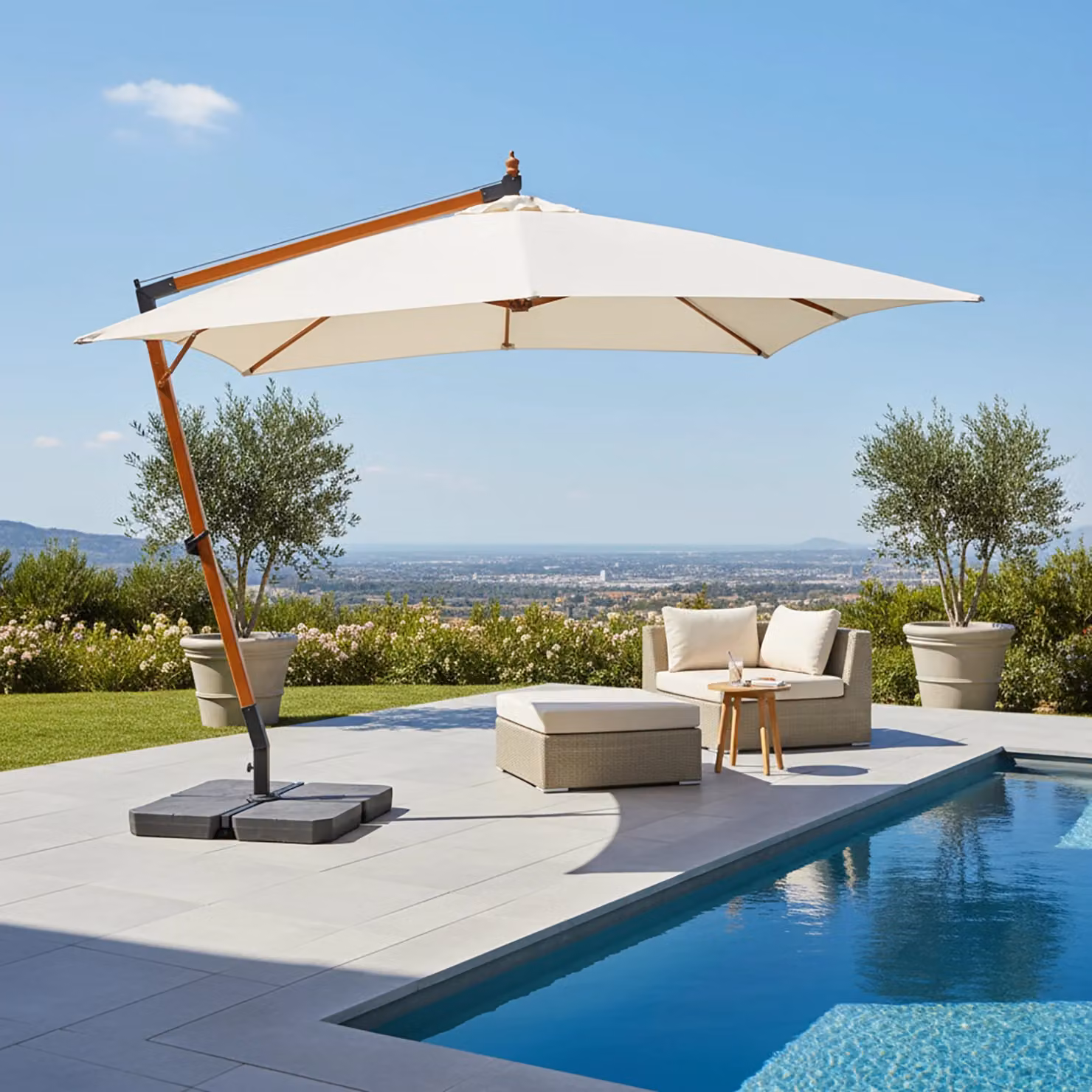 Ombrellone da giardino decentrato con braccio laterale Vestiamo Casa Giardino, colore beige, H 2,85 m x L 3 m x P 3 m – 2