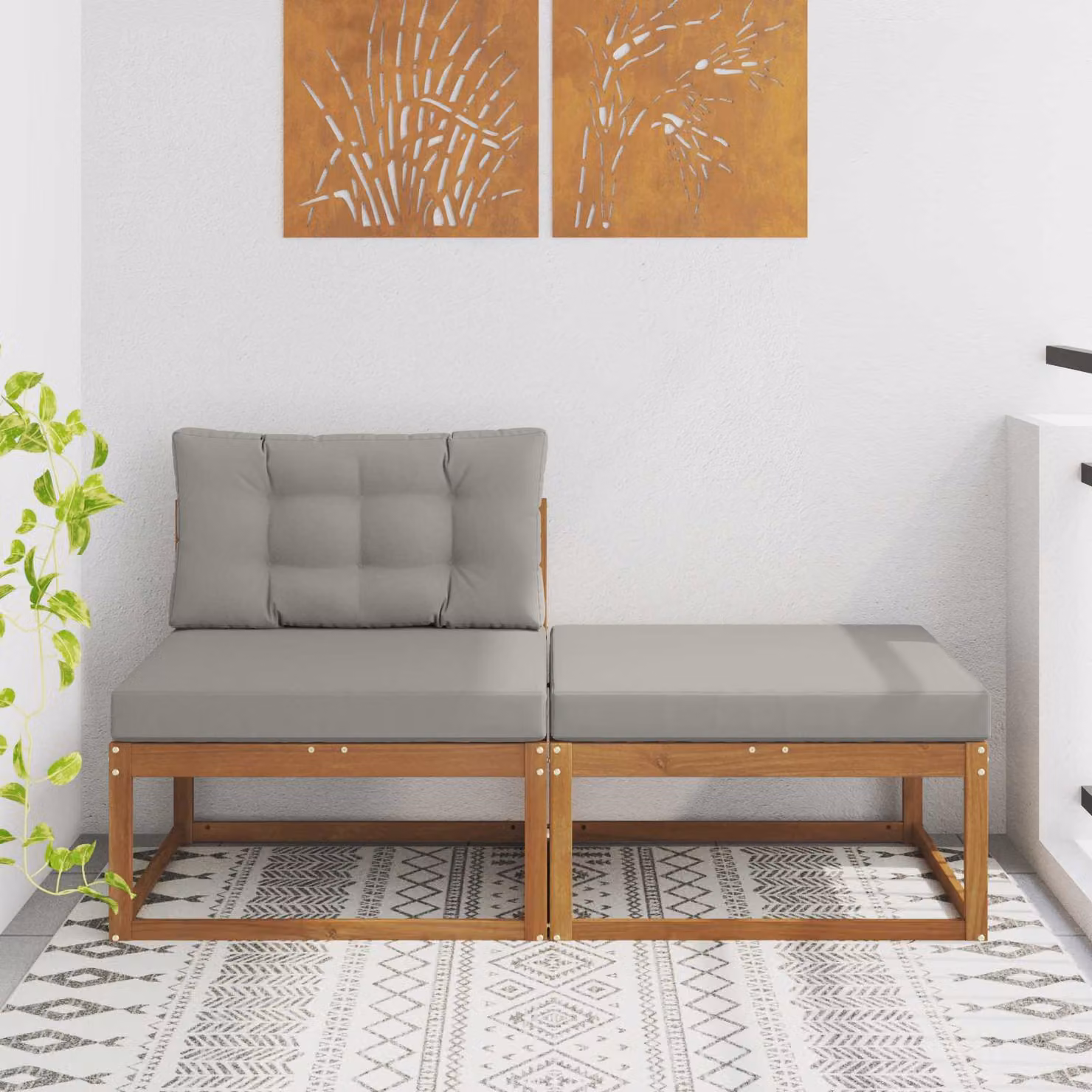 Set di divano angolare vidaXL in tessuto con cuscini e pouf, struttura in legno di acacia, colore grigio o marrone, ideale per giardino o terrazza