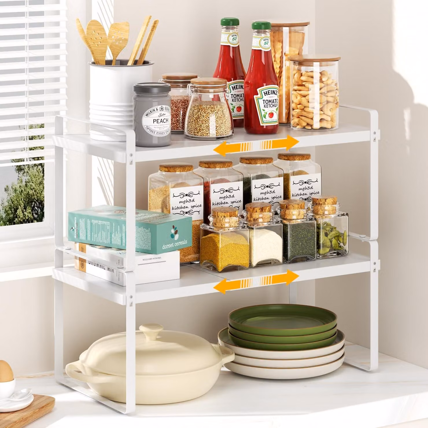 Ripiano estraibile per cucina - Scaffale portaoggetti per cucina - Organizzatore per cucina - Ripiano per armadietti da cucina - Ripiano per spezie - Lunghezza regolabile da 37 a 60,5 cm