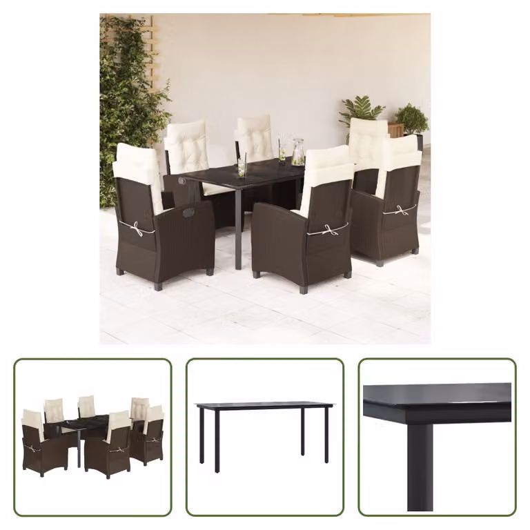 The Living Store Set da pranzo da giardino 7 pezzi con cuscini in polirattan marrone