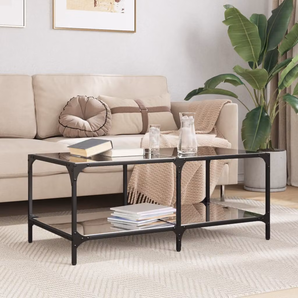 vidaXL Tavolino moderno con piano in vetro nero e struttura in metallo L: 98,5 cm, P: 50 cm, H: 40 cm