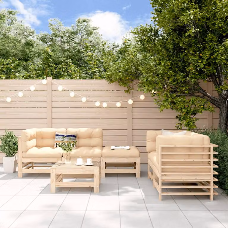 Set Salotto da Giardino vidaXL in Legno di Pino con Cuscini Beige e Marrone, Composizione a L con Elementi Angolari e Ottoman, 6 Pezzi