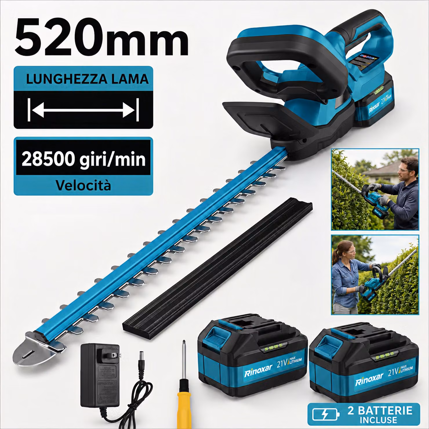 Tagliasiepi a batteria 21V | 8000mAh | Motore 600W brushless - Lama 52cm per rami 15mm