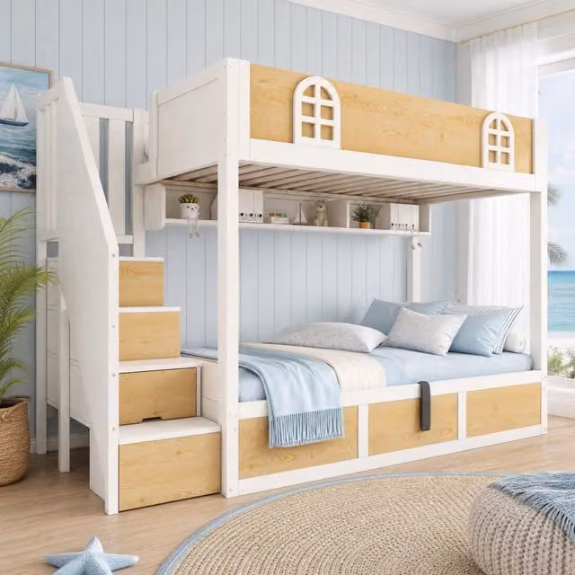 Letto a castello 90x200 cm con armadio a scala, contenitore e struttura in MDF, truciolare e compensato, bianco e naturale