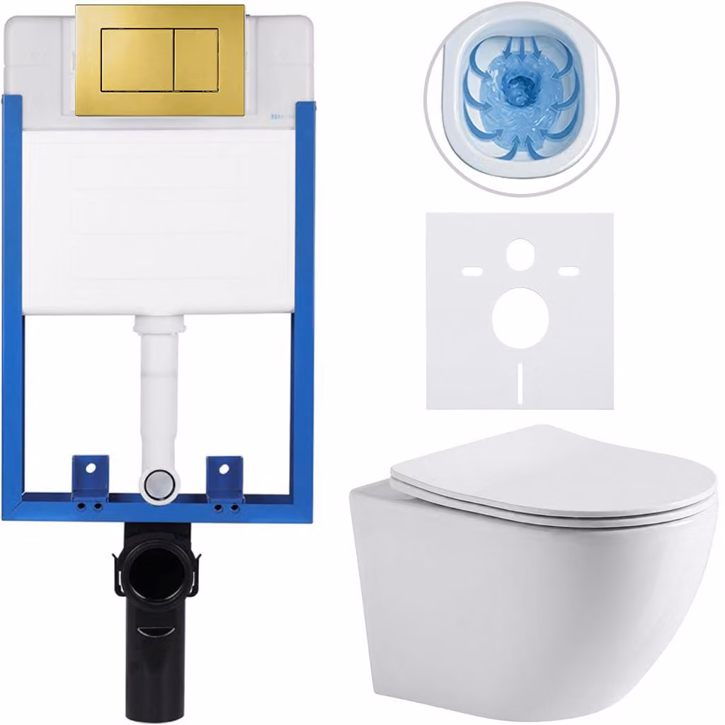 CERANO - Set completo per WC da incasso Lite/Verde - bianco lucido - pulsante WC Classic, dorato - da incasso - 49x36 cm