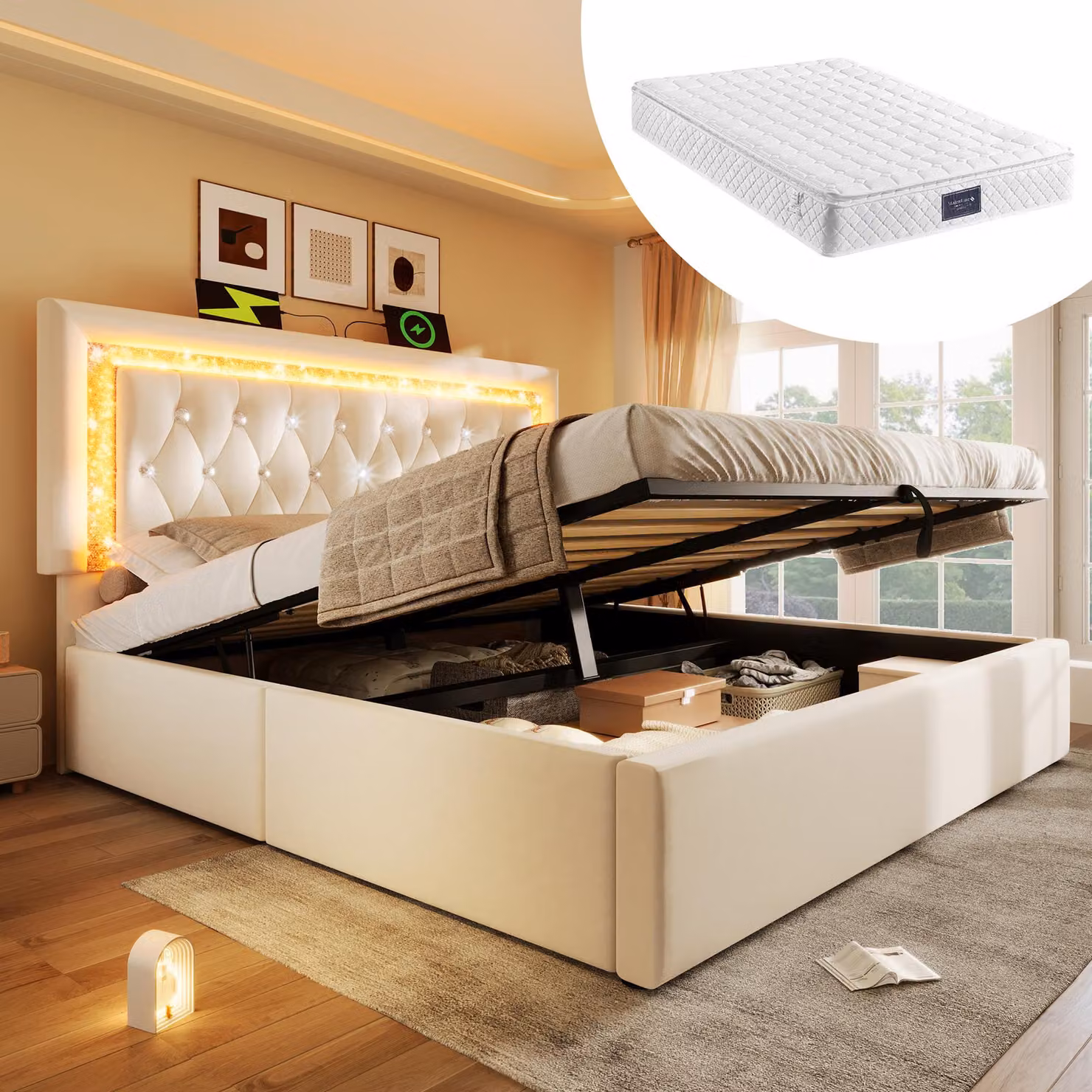 Letto imbottito 160x200 cm completo di materasso, testiera LED, porte USB e Type-C, contenitore a sollevamento idraulico, rete a doghe, rivestito in velluto, colore beige