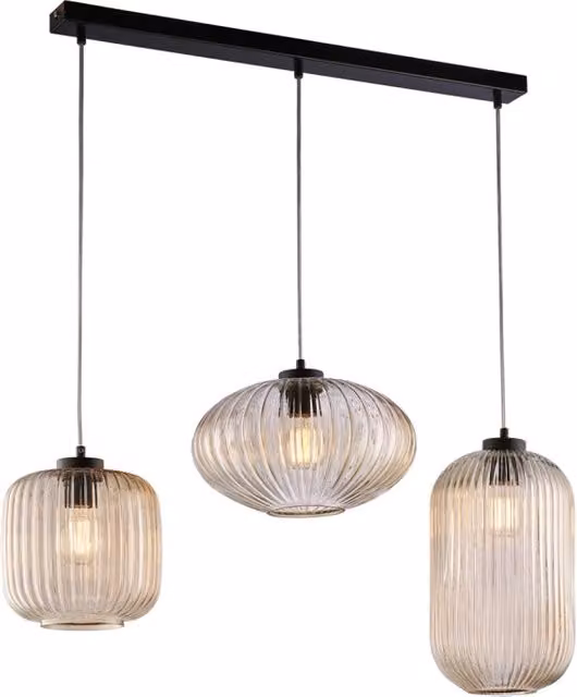 Sospensione 3 Luci Glamour Con Binario E Vetro Soffiato Ambra Plissettato