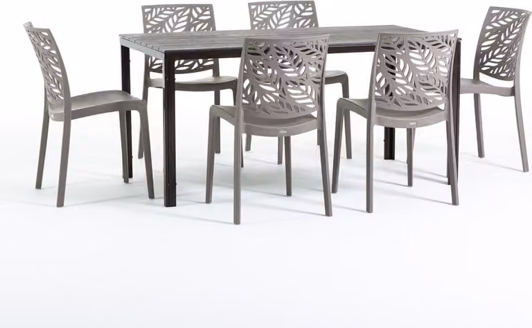 Set da pranzo per esterni con tavolo rettangolare 156x78 cm e 6 sedie impilabili in resina rinforzata con fibra di vetro - design moderno in look legno, ideale per giardino, terrazza e aree esterne coperte - THOMAS+DAFNE - Tortora/Mocha