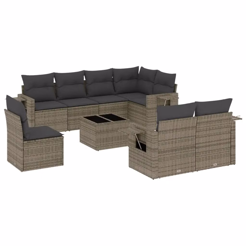 vidaXL Set Divano da Giardino 9 pz a Forma di L in Polyrattan Grigio con Cuscini e Tavolino – 2