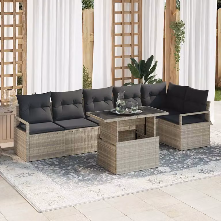 Set Divano da Giardino a L vidaXL 7 Pezzi Grigio con Tavolino e Cuscini in Polyrattan e Acciaio