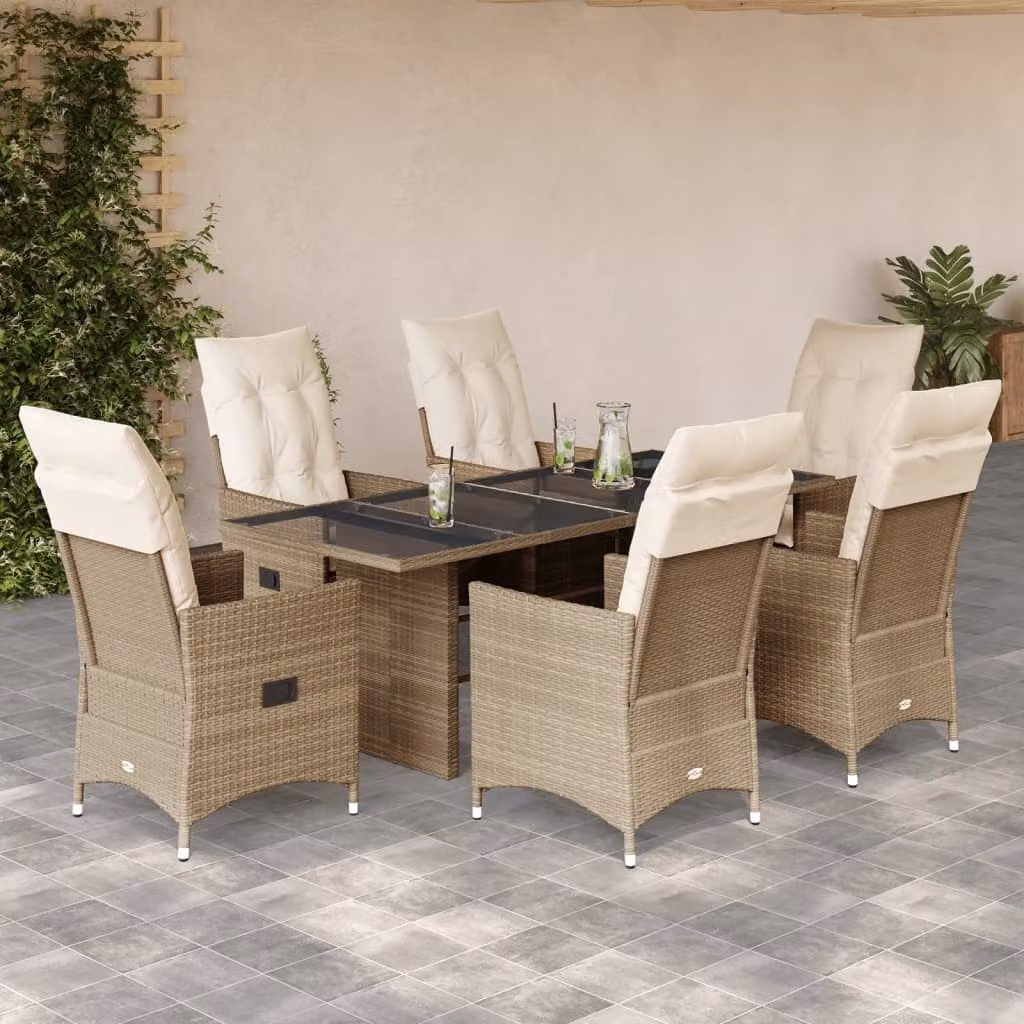 Set da Pranzo da Giardino vidaXL 7 pz in Polyrattan con Cuscini Beige e Piano in Vetro – 1