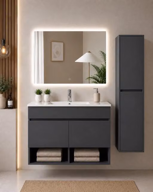 Mobile bagno sospeso con lavabo ORIGENBATH NEBARI con ante con colonna 80x40 cm grafite con colonna