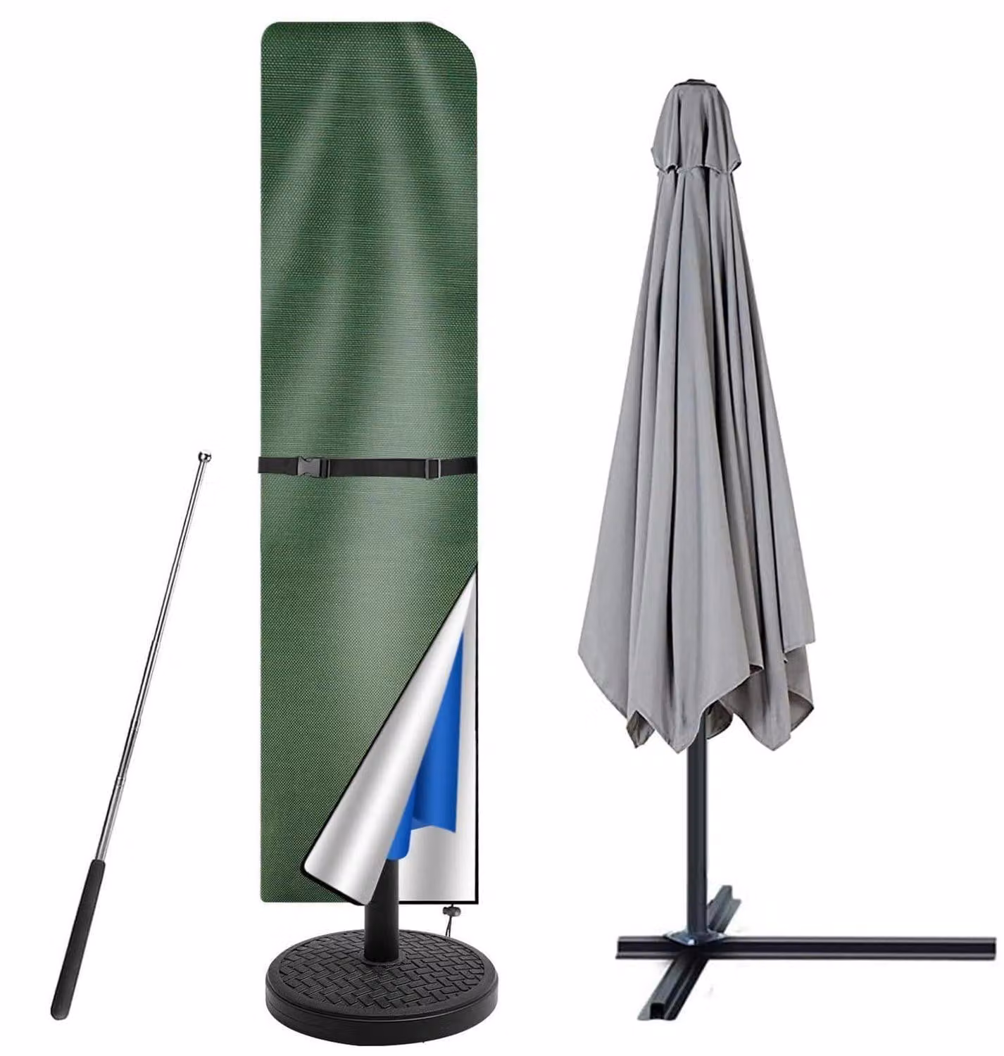 Copertura protettiva per ombrellone, 240x57 cm, verde, con asta telescopica, impermeabile e resistente ai raggi UV