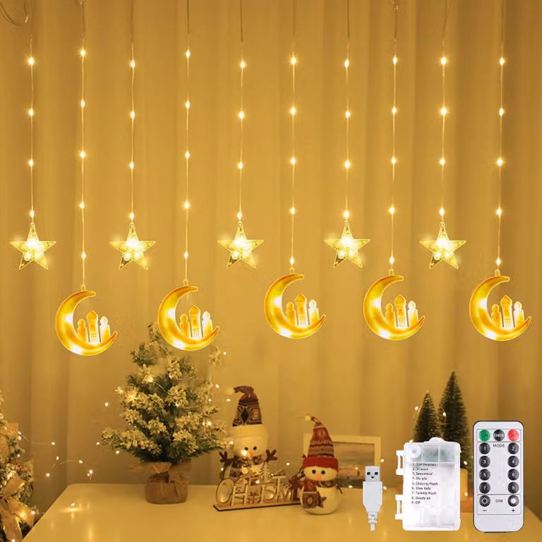 Catena luminosa per Ramadan, 100 LED, 3 metri, con stelle e lune, alimentata a batteria, grado di protezione IP44