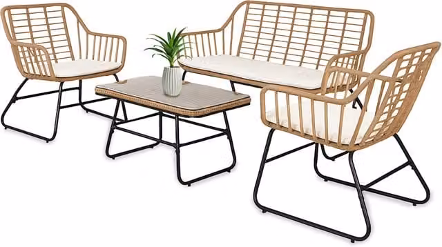 Set Salotto da Esterno Cebu Biacchi in Polyrattan con Tavolo in Vetro, Divano a 2 Posti e 2 Poltrone con Cuscini Inclusi