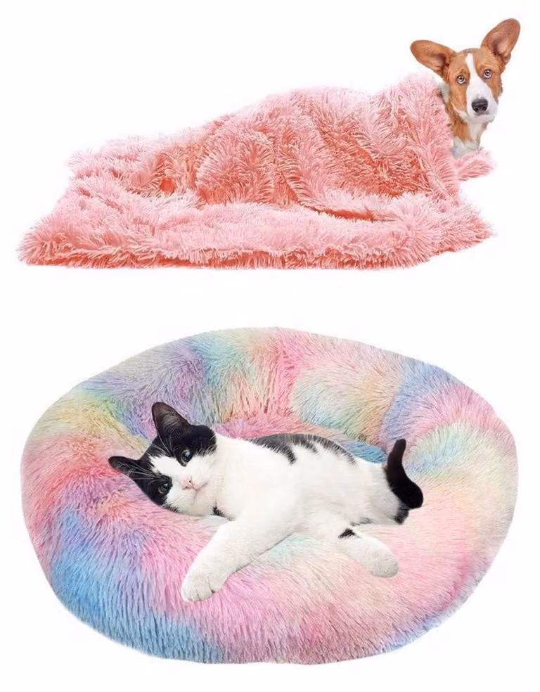 Cuccia per animali domestici a forma di ciambella, motivo tie-dye arcobaleno, 50 cm, lavabile, extra morbida, con coperta