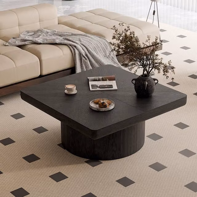 Tavolino basso quadrato MIVRAY nero con piano in legno e MDF per soggiorno